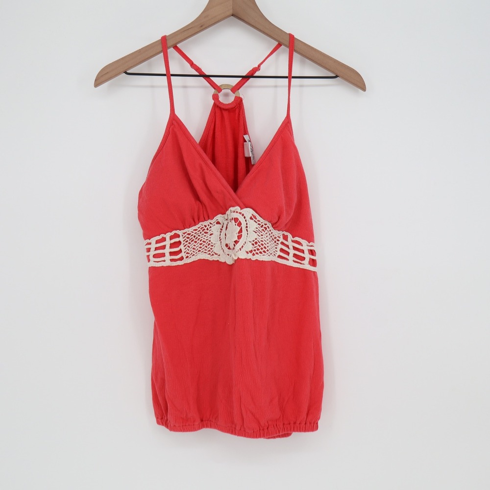 Self Esteem Tank Top Womens Large Red Crochet Lace Ring Back Boho Excellent
